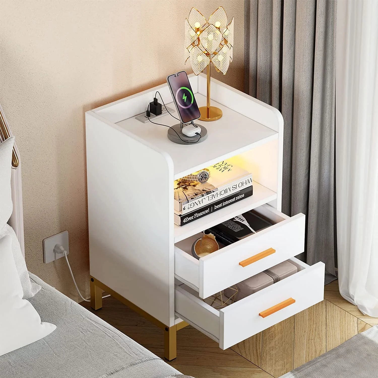 DEXTRUS Side Table with Charging Station, 3 - Drawer LED Light Bedside End Table Nightstand for Bedroom Living Room Small Space, White
