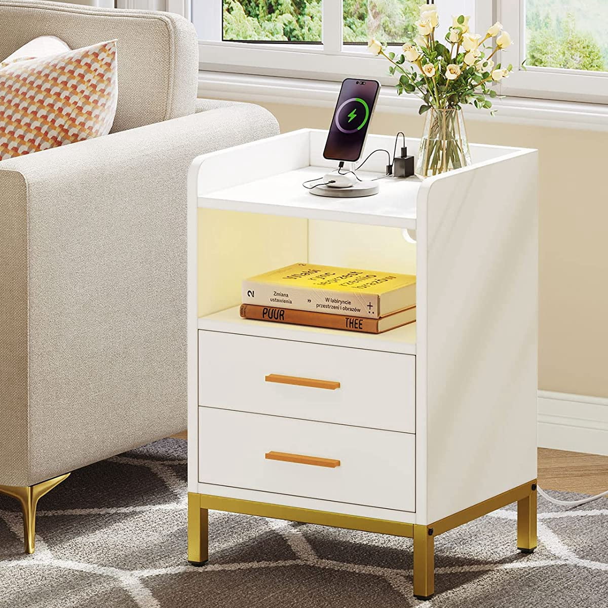 DEXTRUS Side Table with Charging Station, 3 - Drawer LED Light Bedside End Table Nightstand for Bedroom Living Room Small Space, White