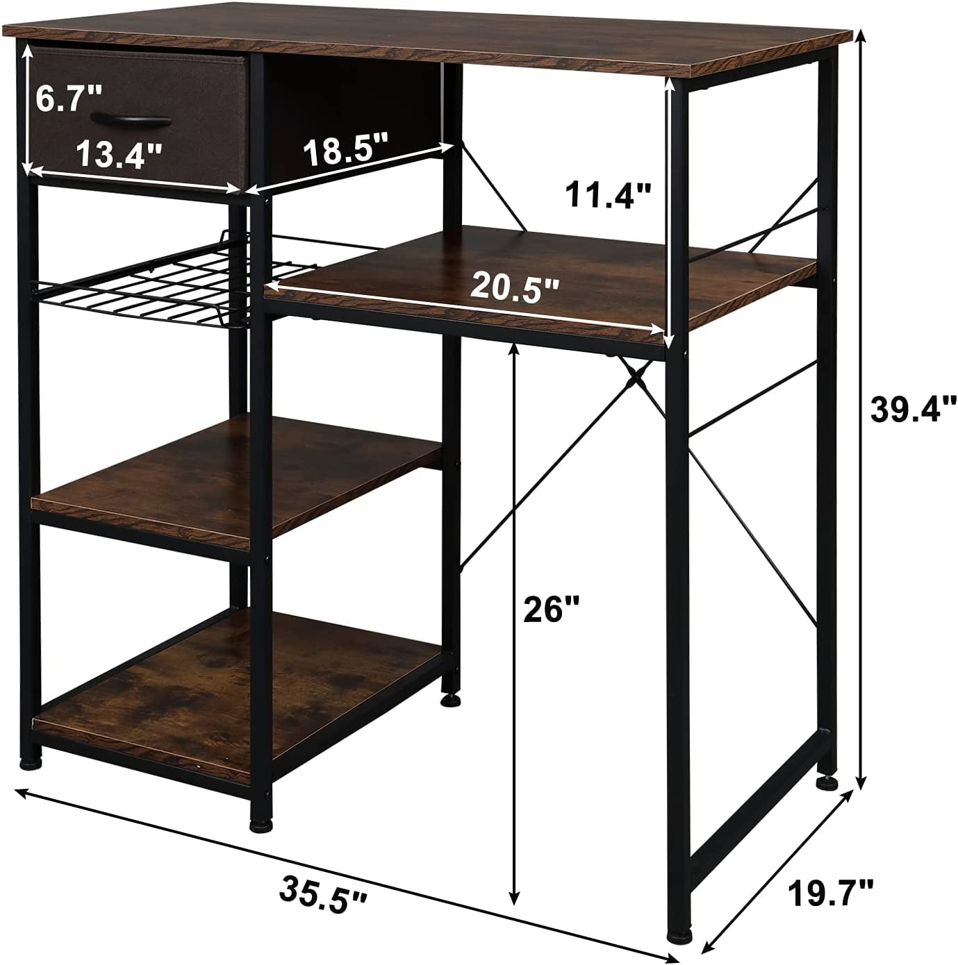 Microwave Stand 4-Tiers Kitchen Storage Fit Mini Fridge Baker¡¯s Rack Shelving Utility Coffee Bar with Big Drawer Wine Rack Metal Frame Industrial Workstation Organizer Kitchen Decor
