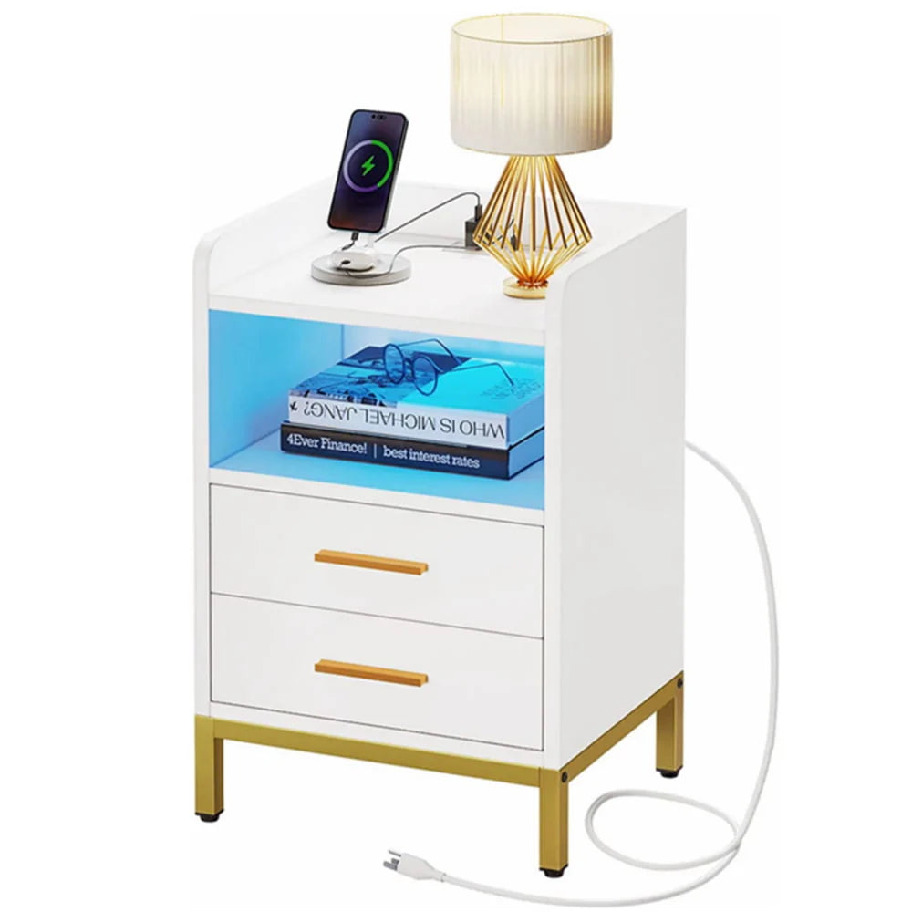 DEXTRUS Side Table with Charging Station, 3 - Drawer LED Light Bedside End Table Nightstand for Bedroom Living Room Small Space, White