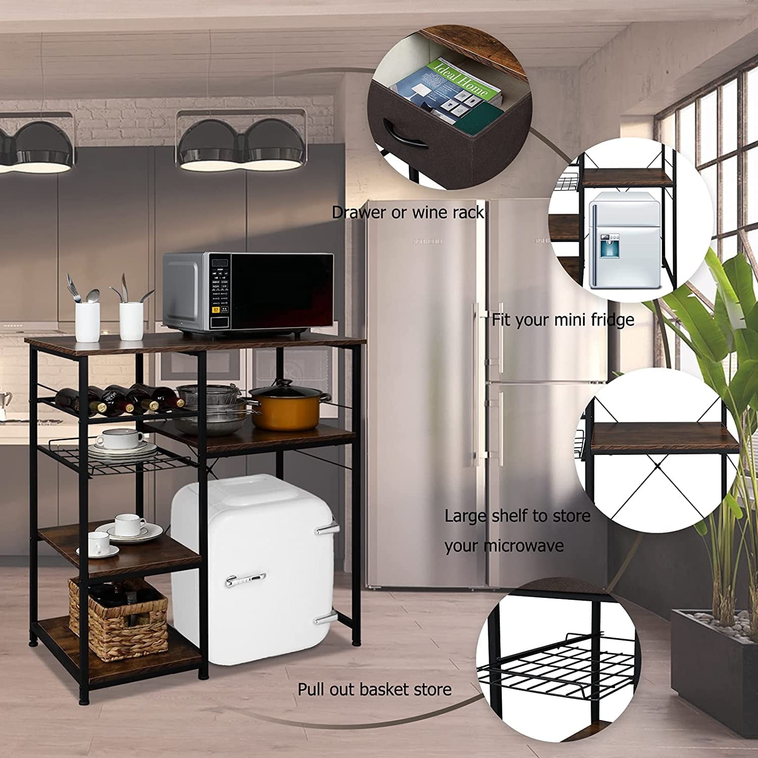 Microwave Stand 4-Tiers Kitchen Storage Fit Mini Fridge Baker¡¯s Rack Shelving Utility Coffee Bar with Big Drawer Wine Rack Metal Frame Industrial Workstation Organizer Kitchen Decor