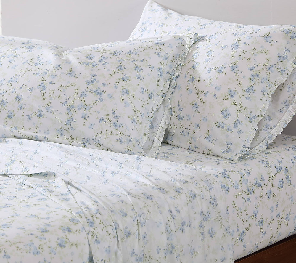Shabby Chic - Queen Sheets, Soft & Breathable Organic Cotton Bedding Set, Floral Home Decor with Ruffled Pillowcases (Ella Blue, Queen)