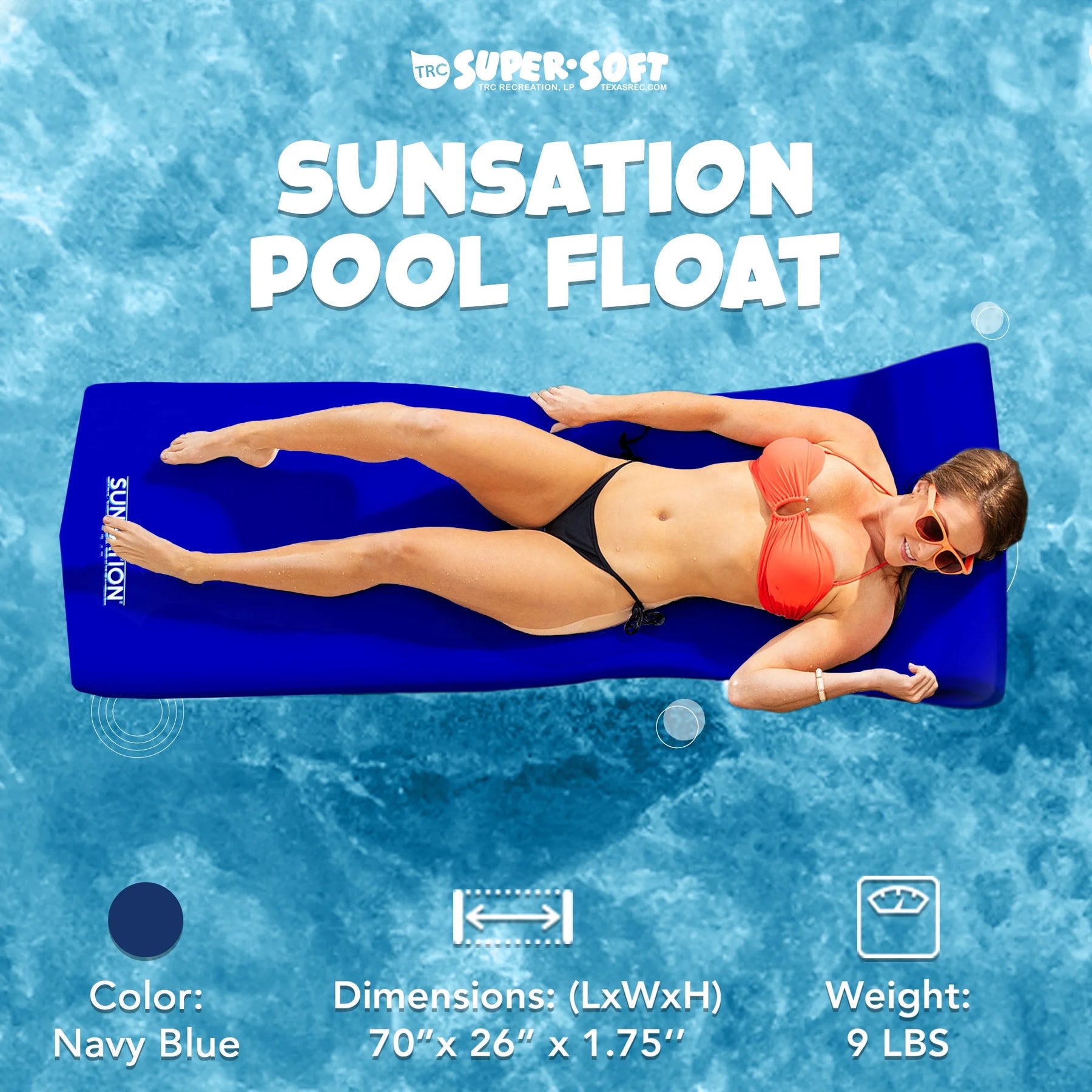 TRC Recreation Sunsation 1.75" Thick Foam Swimming Pool Lounge Float, Navy